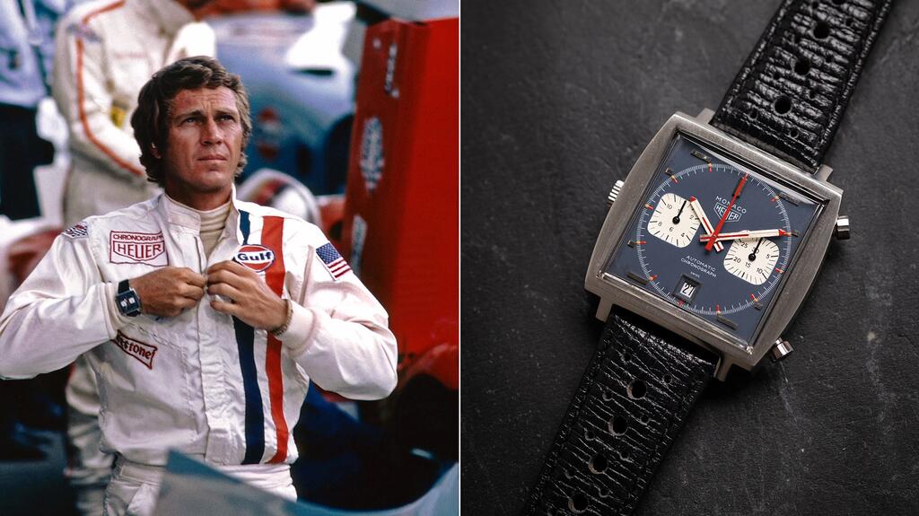 Steve McQueen, left, wearing a Heuer Monaco watch and his Gulf racing suit during the filming of “Le Mans.” One of the Monaco chronographs the actor wore while filming the 1971 racing film made its auction debut last week at Sotheby’s. (McQueen photo copyright of Mel Traxel, courtesy of TAG Heuer; watch photo courtesy of Sotheby’s) Steve McQueen Heuer Monaco Ref. 1133B